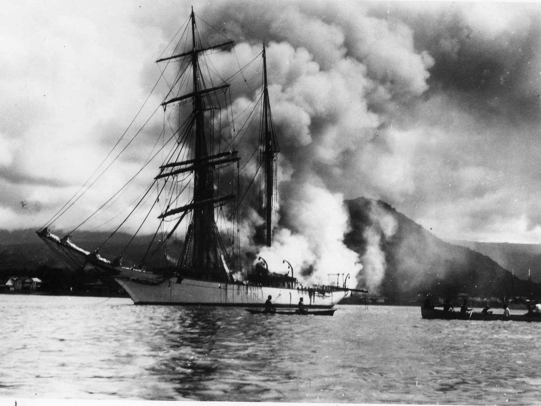 the Carnegie exploding as it is being refuelled in Samoa