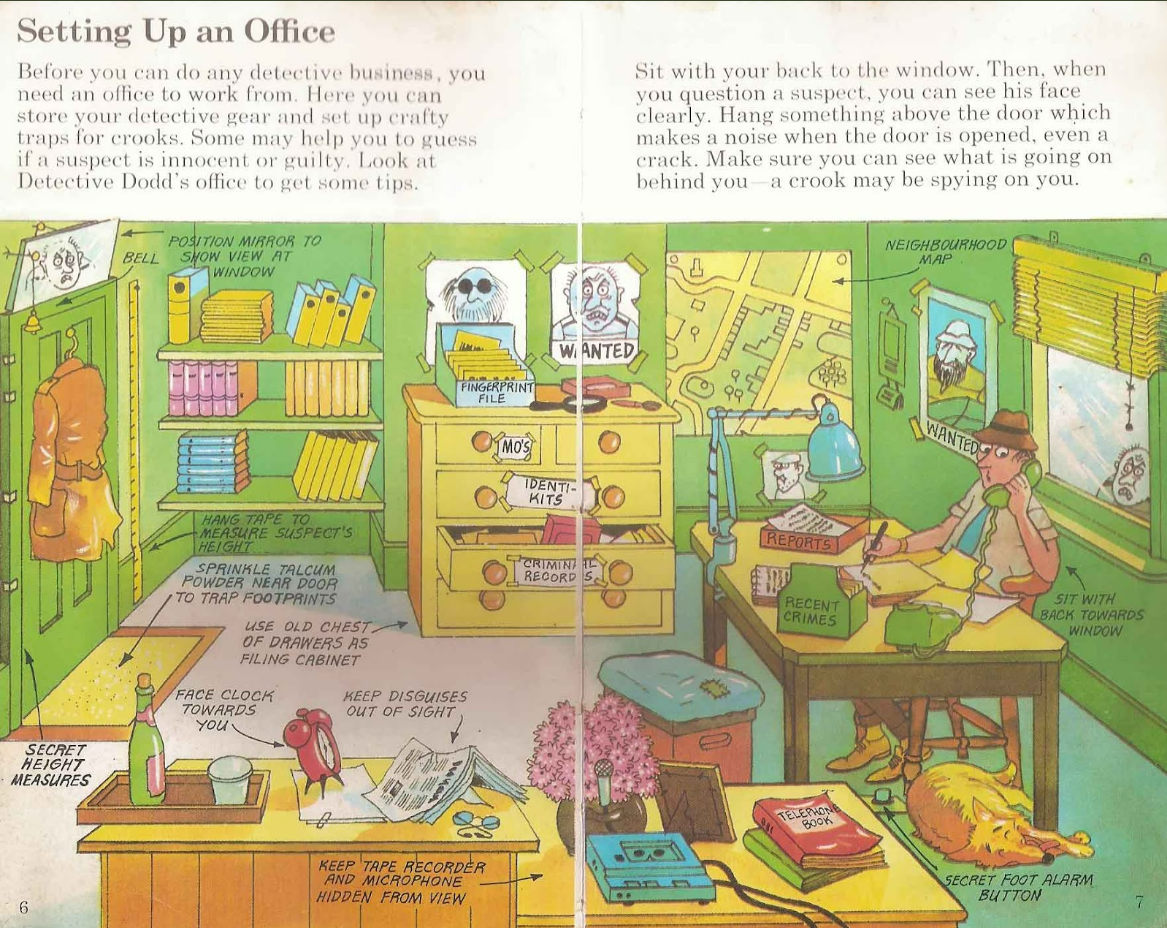 Detective's office full of clever traps to catch crooks, from Usborne Detective's Handbook