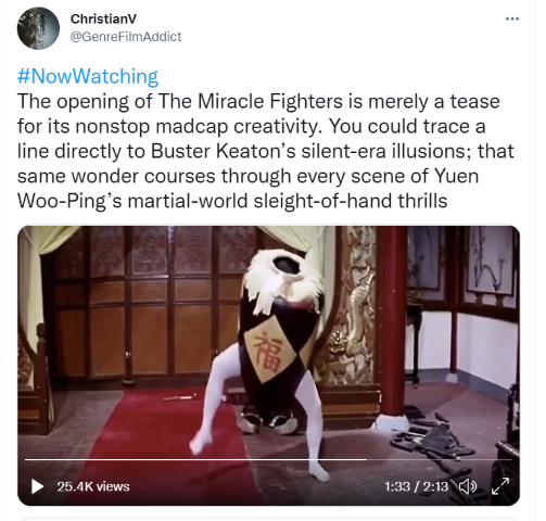 The opening of The Miracle Fighters is merely a tease for its nonstop madcap creativity. You could trace a line directly to Buster Keaton’s silent-era illusions; that same wonder courses through every scene of Yuen Woo-Ping’s martial-world sleight-of-hand thrills