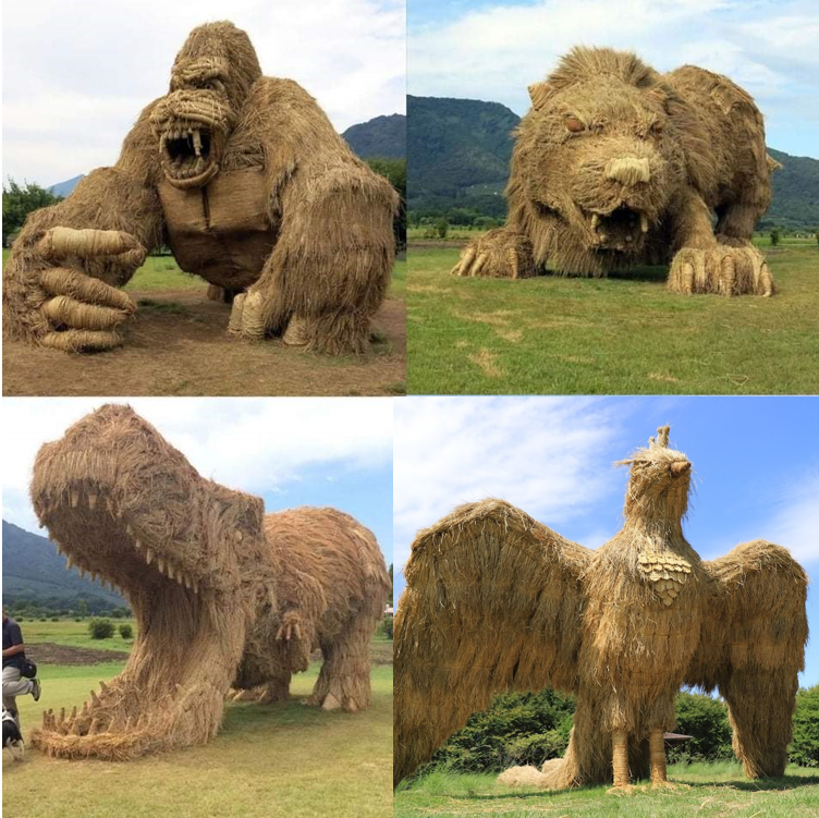 rice straw sculptures of very large animals: gorilla, t-rex, rat and eagle