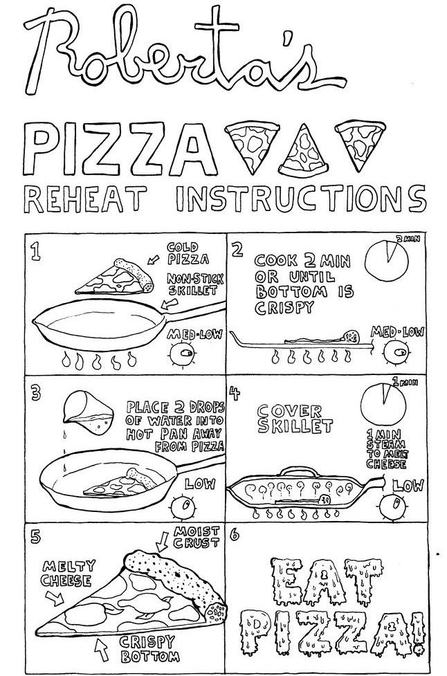 1. Put cold pizza in non-stick frying pan on medium-low heat. 2. Cook 2 minutes or until bottom is crispy. 3. Place 2 drops of water into hot pan as far away from pizza as possible. 4. Cover frying pan and steam for 1 minute to melt cheese. 5. Eat!