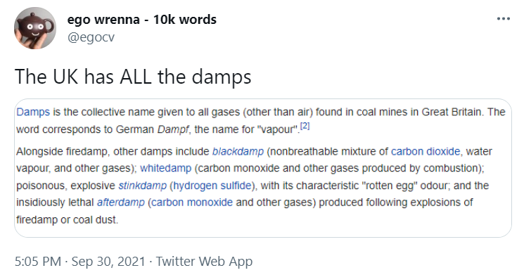 Black damp: a mixture of carbon dioxide and nitrogen in a mine can cause suffocation, and is formed as a result of corrosion in enclosed spaces so removing oxygen from the atmosphere.  After damp: similar to black damp, after damp consists of carbon monoxide, carbon dioxide and nitrogen and forms after a mine explosion.  Fire damp: consists of mostly methane, a highly flammable gas that explodes between 5% and 15% – at 25% it causes asphyxiation.  Stink damp: so named for the rotten egg smell of the hydrogen sulfide gas, stink damp can explode and is also very toxic.  White damp: air containing carbon monoxide which is toxic, even at low concentrations.  A heavy curtain used to direct air currents in mines and prevent the buildup of dangerous gases is known as a damp sheet.